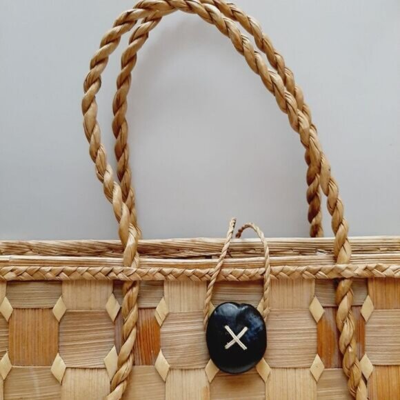 Vintage Hand Made Wide Woven Leaf Large Beach Tote Summer Bag Rope Handle Beige - Picture 2 of 15